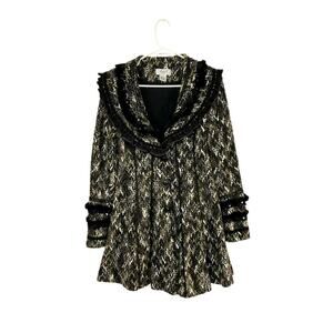 VTG 90s Boho Knit Sweater Jacket Flare Black/Tan Sequins Trim Sz 8 Medium Womens